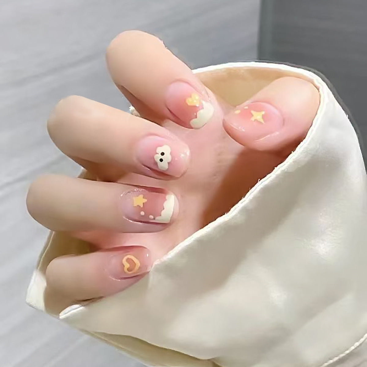 Whimsical Cloud Dreams Soft Short Square Pastel Pink with Charming Cloud and Star Accents Press On Nail Set