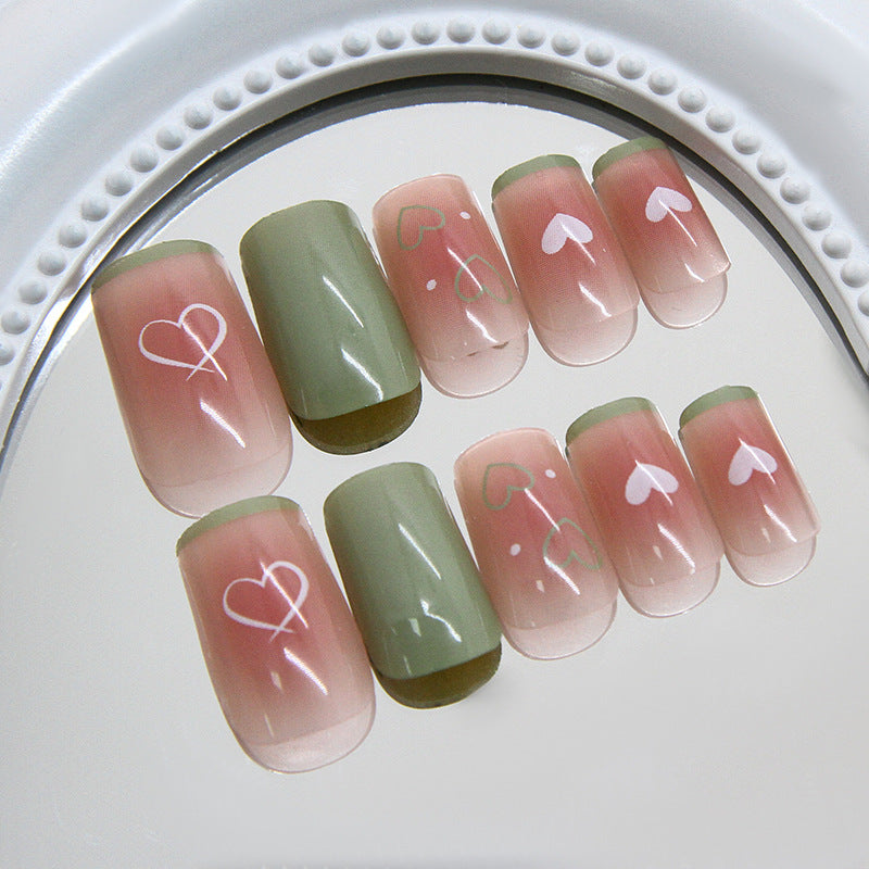 Charming Love Blossom Medium Square Acrylic Press On Nail Set in Pink and Green with Heart Pattern Design