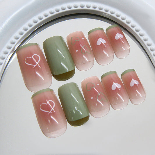 Charming Love Blossom Medium Square Acrylic Press On Nail Set in Pink and Green with Heart Pattern Design
