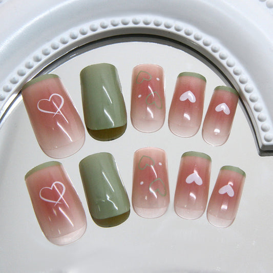 Charming Love Garden Medium Square Green and Blush Press On Nail Set with Heart Designs