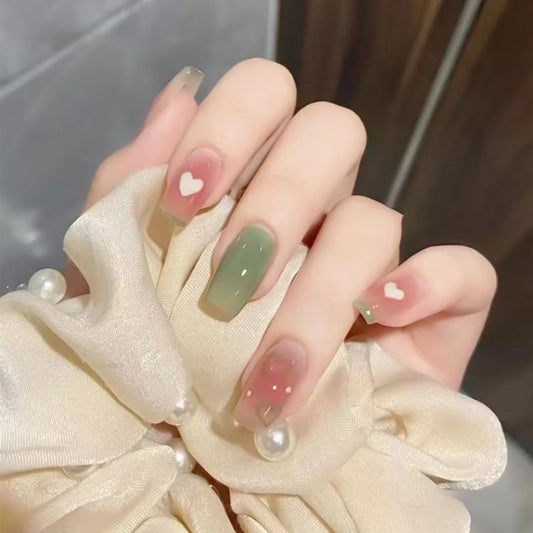 Charming Floral Elegance Medium Square Green and Pink Ombre with Heart Accent Press-On Nail Set