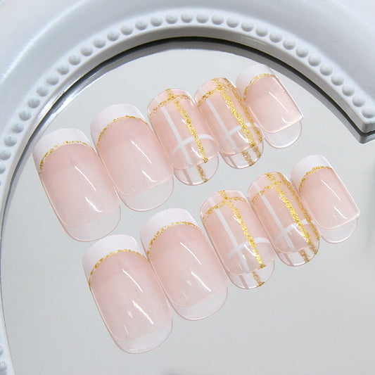 Elegant Rose Gold Allure Medium Soft Square Pink Press On Nail Set with Shimmering Gold Accents