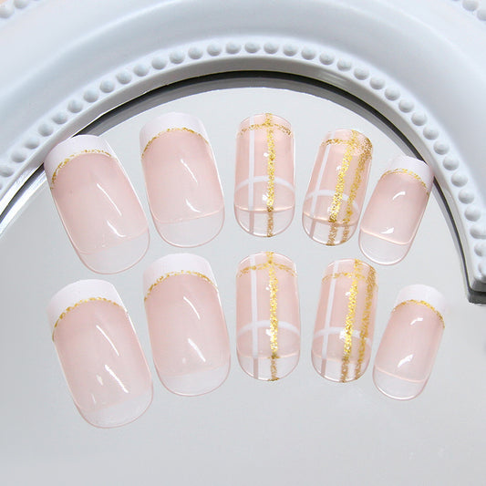 Glamorous Elegance Medium Square Blush Pink Nails with Gold Foil Accents