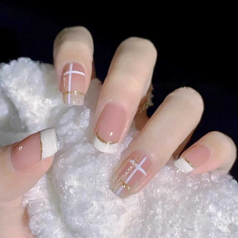 Elegant Serenity Medium Square Beige with Gold Accents and Cross Design Press-On Nail Set