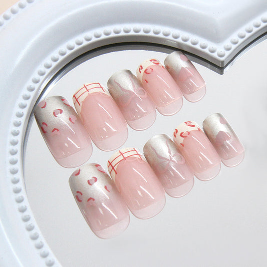 Romantic Blossom Long Square Pink Press On Nail Set with Elegant Metallic Accents and Charming Floral Patterns