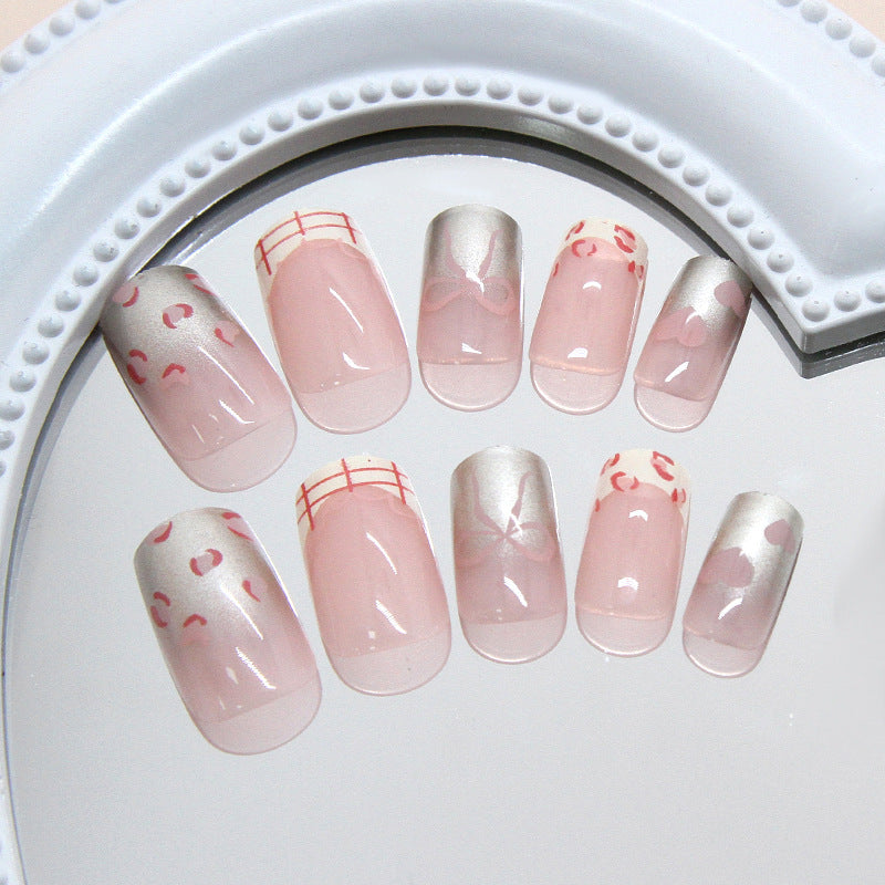 Blossom Dreams Long Square Pink with Shimmering Silver Accents and Whimsical Floral Patterns Press On Nail Set