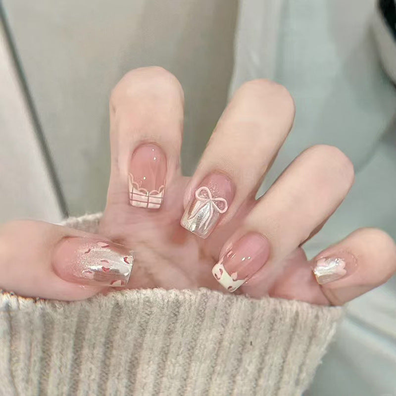 Chic Celebration Medium Square Pink Glossy Finish with Elegant Decorative Bow Press On Nail Set