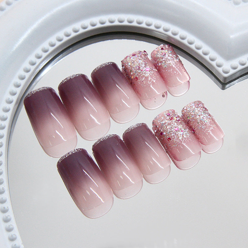 Elegant Blossom Ombre Long Square Pink with Sparkling Glitter Press On Nail Set