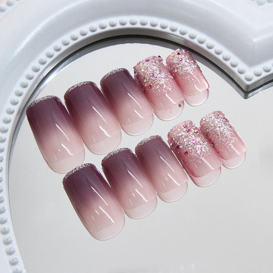 Elegant Blossom Ombre Long Square Pink with Sparkling Glitter Press On Nail Set