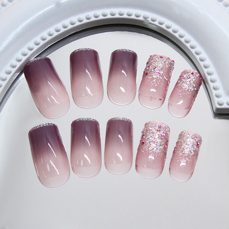 Glamorous Ombre Long Square Pink and Glittering Charm Press On Nail Set