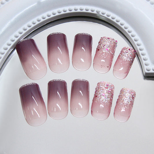 Glamorous Ombre Long Square Pink and Glittering Charm Press On Nail Set