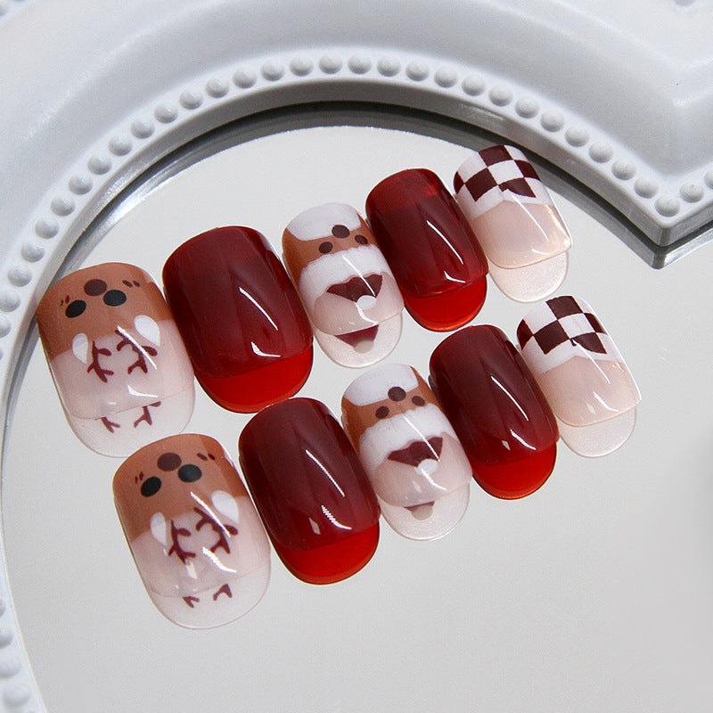 Festive Joyful Winter Short Square Red and Beige Press On Nail Set with Cute Santa and Reindeer Design