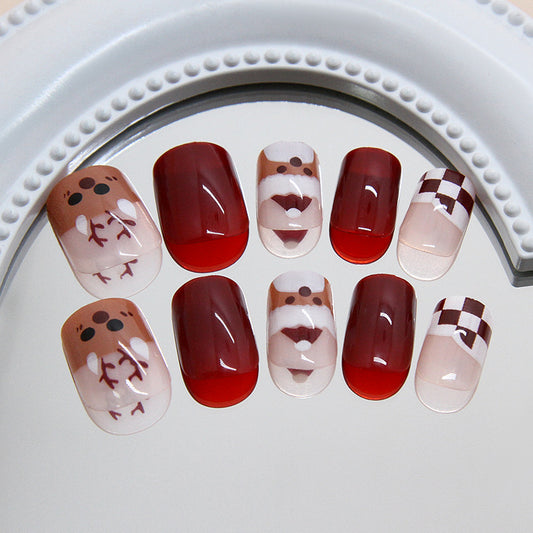 Cozy Winter Wonderland Short Square Burgundy and Beige Nail Set with Festive Gingerbread Design