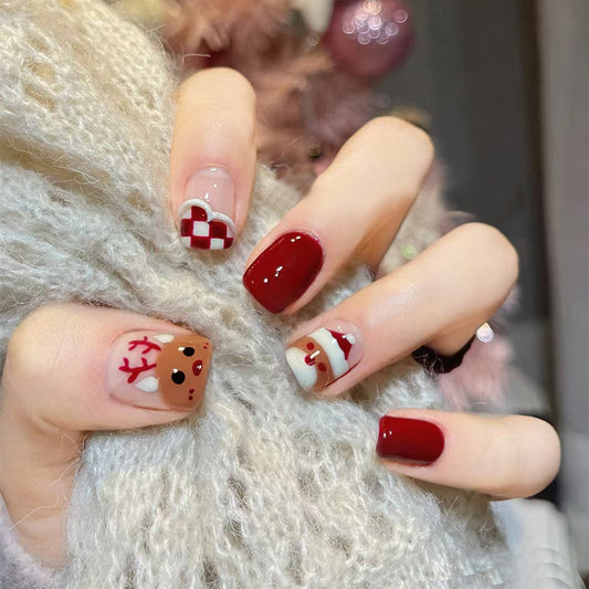 Festive Joy Short Square Red and Beige with Holiday-Themed Nail Art