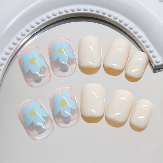 Whimsical Blooms Short Squoval Cream and Pastel Blue Floral Press On Nail Set