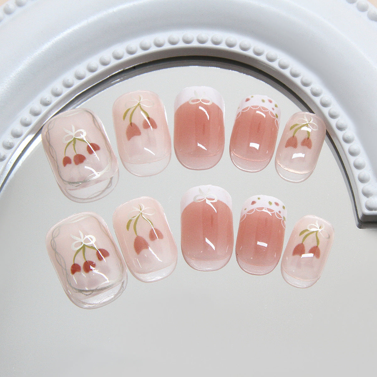 Cherry Blossom Delight Short Square Gradient Pink Press On Nail Set with Elegant Cherry Blossom Artwork