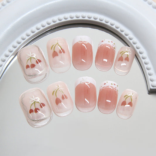 Cherry Blossom Delight Short Square Gradient Pink Press On Nail Set with Elegant Cherry Blossom Artwork