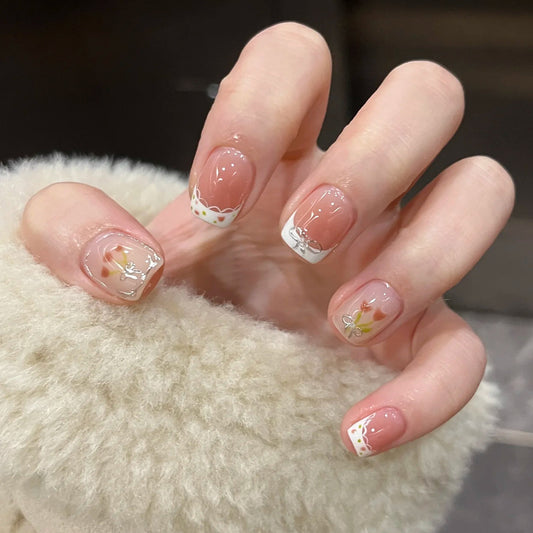 Whimsical Blossom Short Square Pink with Delicate Floral Accents Press On Nail Set