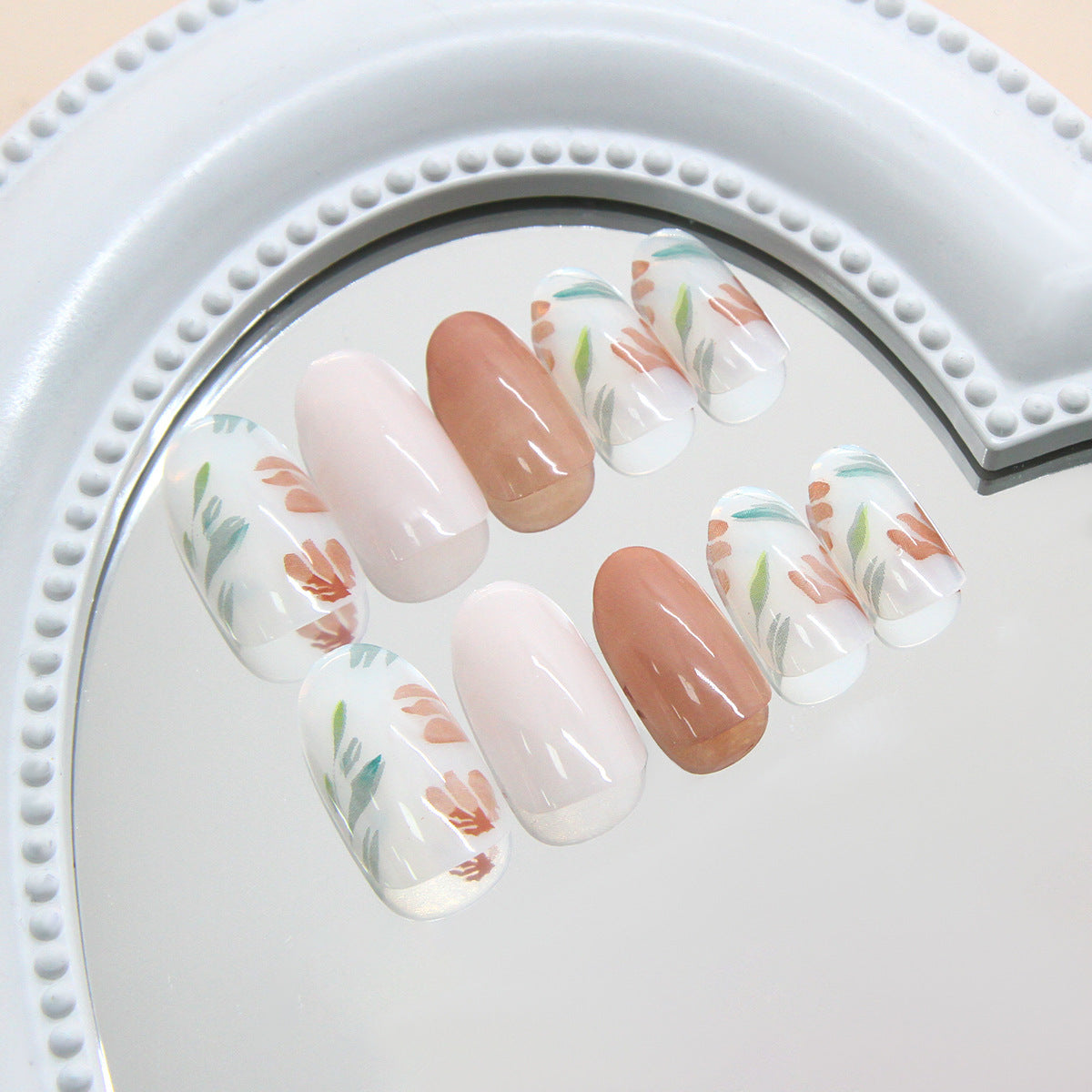 Bohemian Chic Medium Almond Cream and Transparent with Floral Design Press-On Nail Set