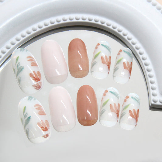 Enchanting Floral Dream Medium Oval Natural Beige and Soft Pink Press-On Nail Set with Artistic Botanical Designs