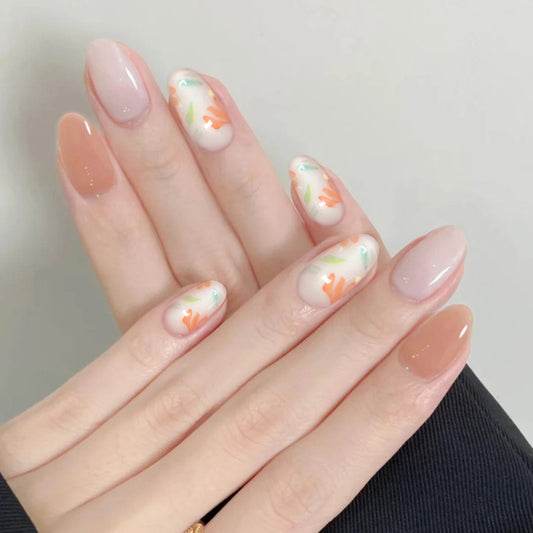 Whimsical Coral Dream Press On Nail Set Medium Almond Soft Beige with Abstract Floral Design