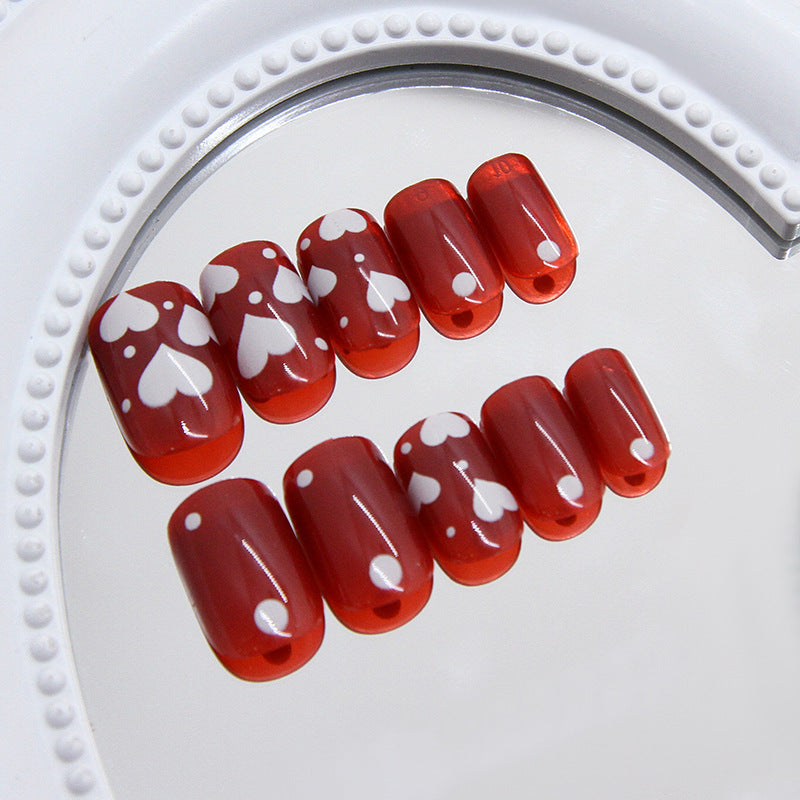 Romantic Heartbeat Short Squoval Red Press On Nail Set with Charming White Heart Design
