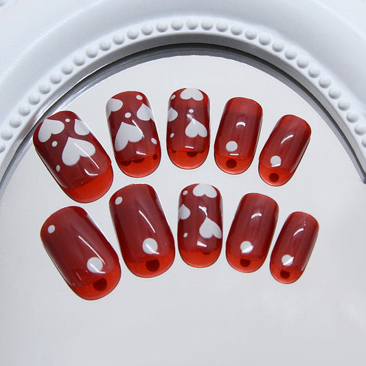 Romantic Hearts Red Short Squoval Shaped Long Lasting Press On Nail Set