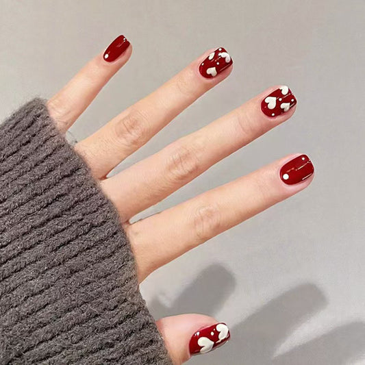 Romantic Elegance Short Square Red with Heart Design Press On Nail Set
