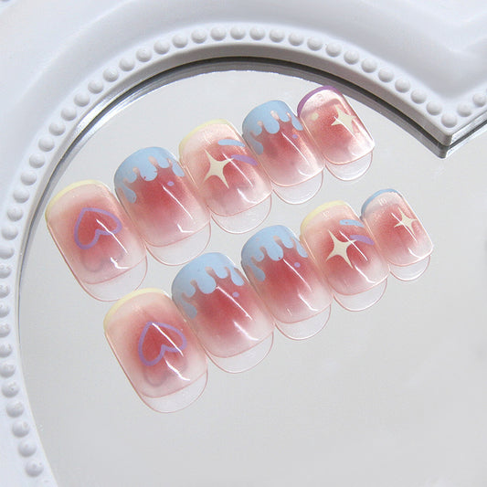 Whimsical Love Dream Press On Nail Set Short Square Pink Blue Gradient with Heart and Star Design