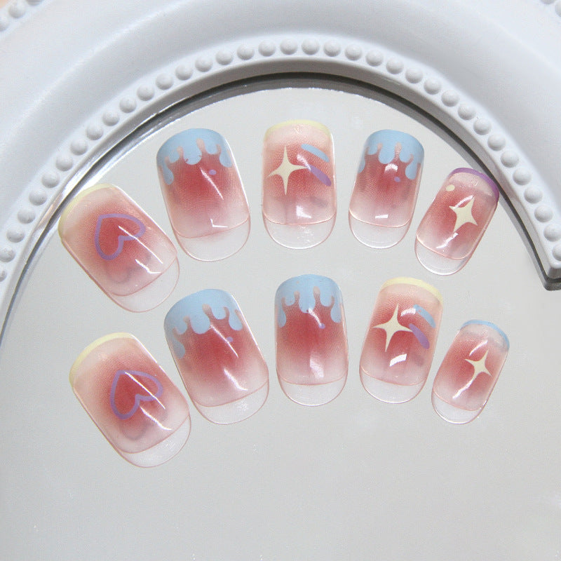 Dreamy Heartwave Short Square Gradient Pink and Blue Frosted Nail Set with Glittering Accents