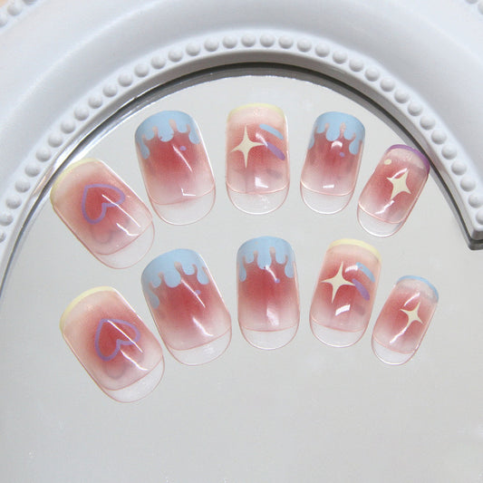Dreamy Heartwave Short Square Gradient Pink and Blue Frosted Nail Set with Glittering Accents