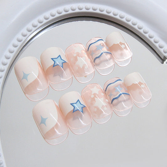 Celestial Dream Press-On Nail Set Short Square Shaped Soft Pink with Whimsical Star and Wave Designs