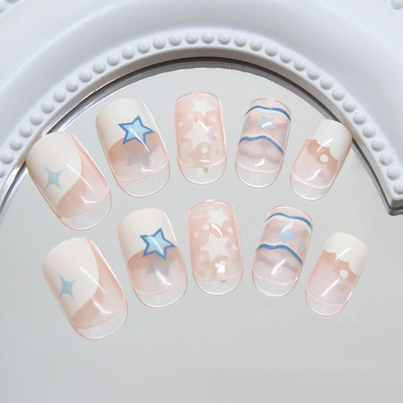 Celestial Dreams Short Square Peach with Star and Wave Patterns Press On Nail Set