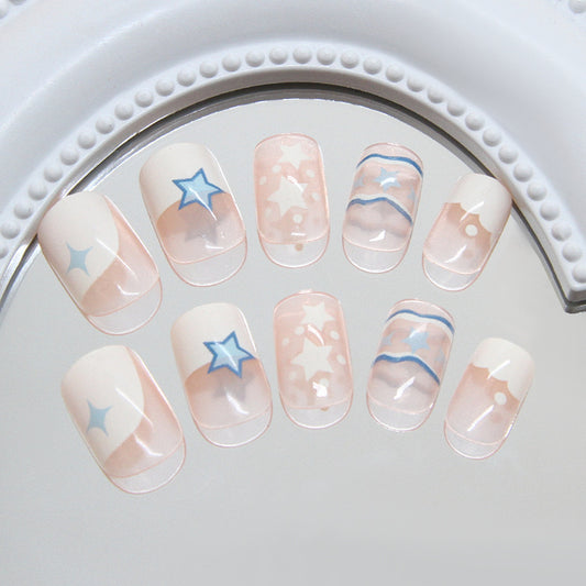 Celestial Dreams Short Square Peach with Star and Wave Patterns Press On Nail Set