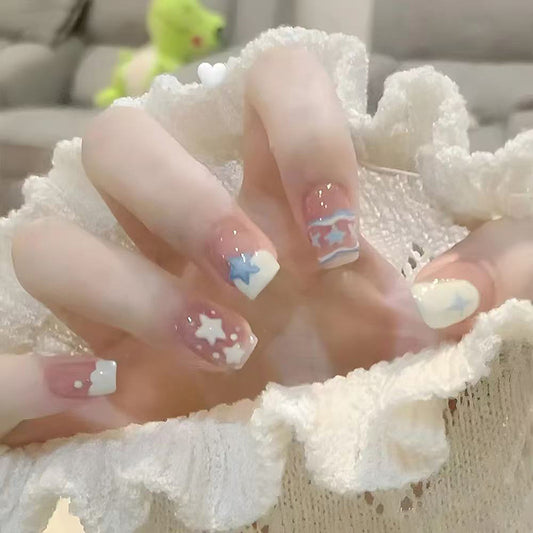 Cosmic Dreams Short Square Pastel Pink and Blue Nails with Unique Starry Design