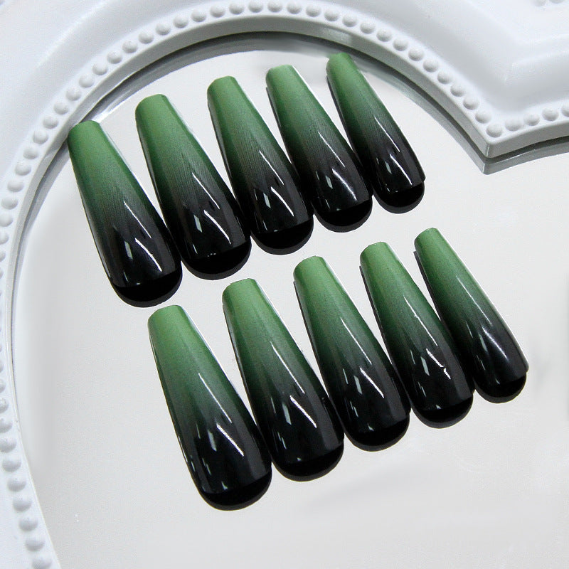 Mystical Forest Ombre Long Coffin Green and Black Gradient Press On Nail Set with Stunning Shimmering Finish