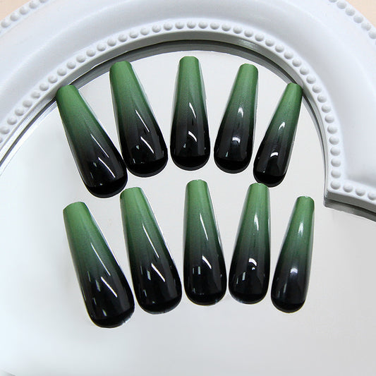 Enchanted Forest Long Coffin Ombre Green to Black Press On Nail Set with Glossy Finish