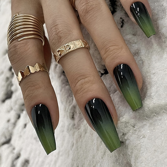 Enchanted Forest Long Coffin Ombre Black to Green Nail Set with Captivating Gradient Finish
