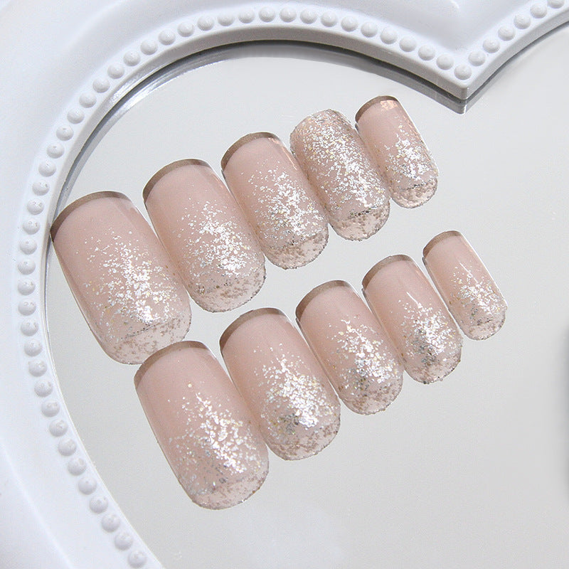Enchanted Elegance Short Square Blush Pink Press On Nail Set with Dazzling Glitter Accent