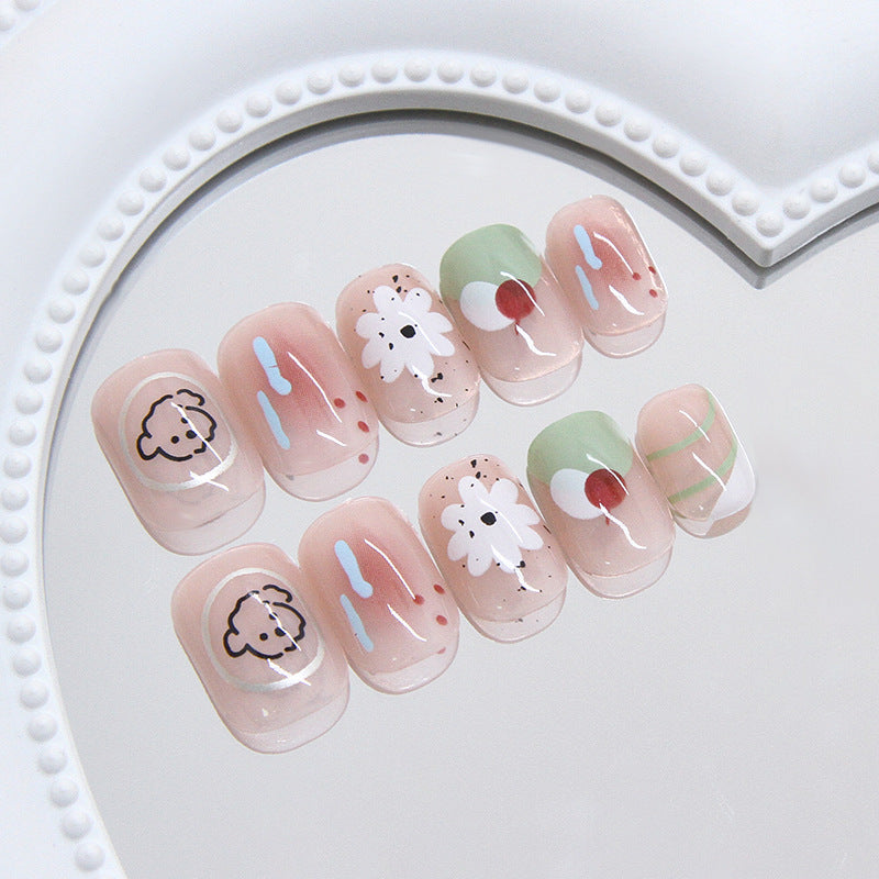 Whimsical Nature Inspired Short Square Soft Pink Nail Set with Floral and Sheep Design