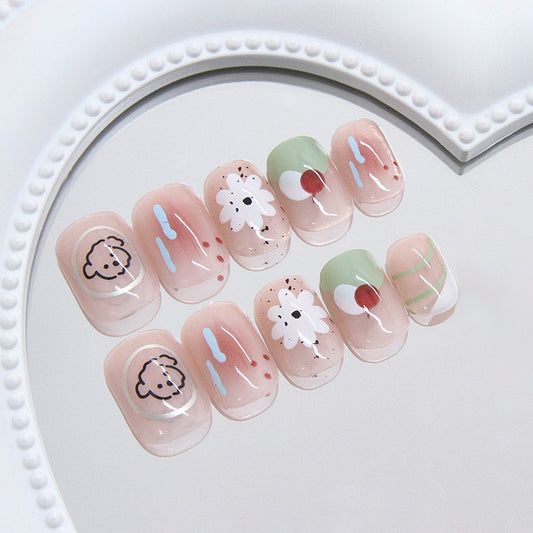 Whimsical Nature Inspired Short Square Soft Pink Nail Set with Floral and Sheep Design