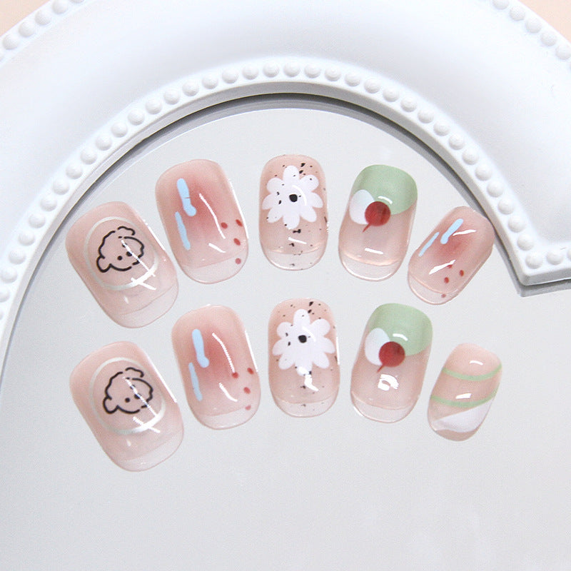 Charming Pastel Garden Short Square Soft Pink Press On Nail Set with Whimsical Floral Designs