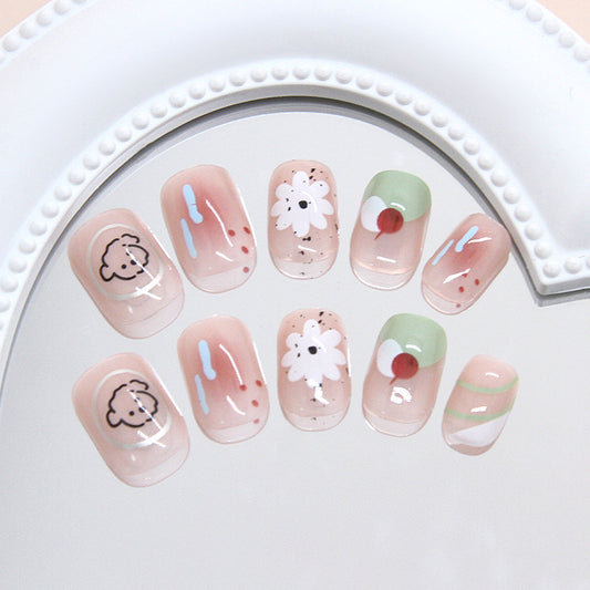 Charming Pastel Garden Short Square Soft Pink Press On Nail Set with Whimsical Floral Designs