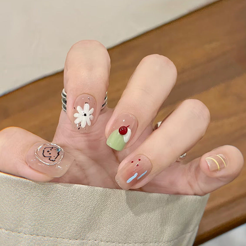Whimsical Garden Medium Square Clear Nails with Floral and Fruit Designs