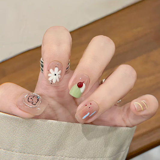 Whimsical Garden Medium Square Clear Nails with Floral and Fruit Designs