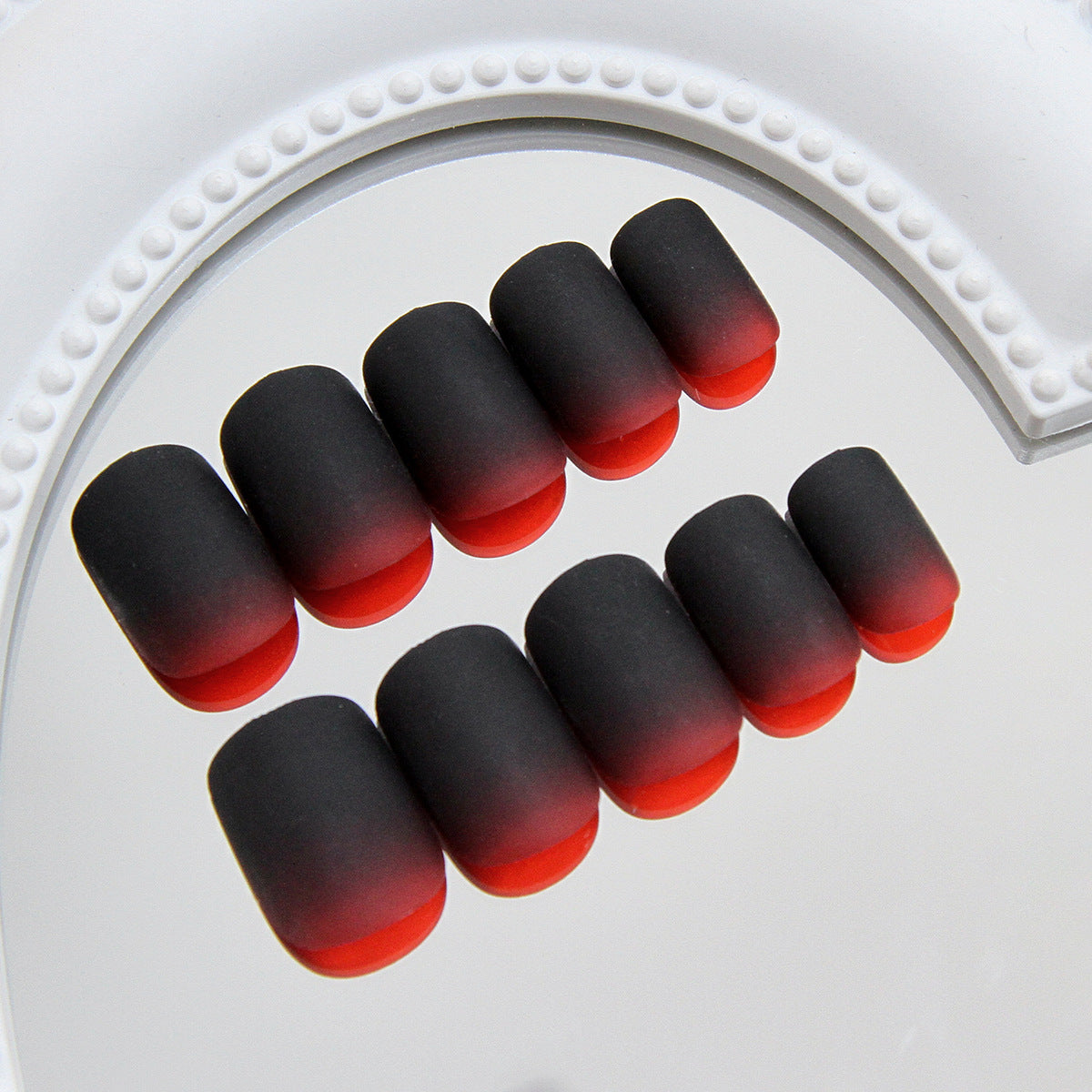 Mystical Elegance Medium Squoval Matte Black and Red Ombre Press-On Nail Set with Unique Color Transition