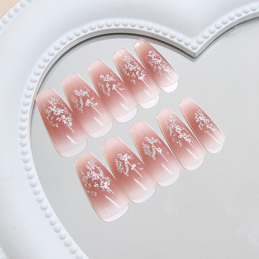Whimsical Blossom Long Coffin Glossy Pink Ombre Design with Glitter Accents Press on Nail Set