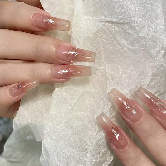 Ethereal Chic Long Coffin Pink Press-On Nail Set with Glitter Accent
