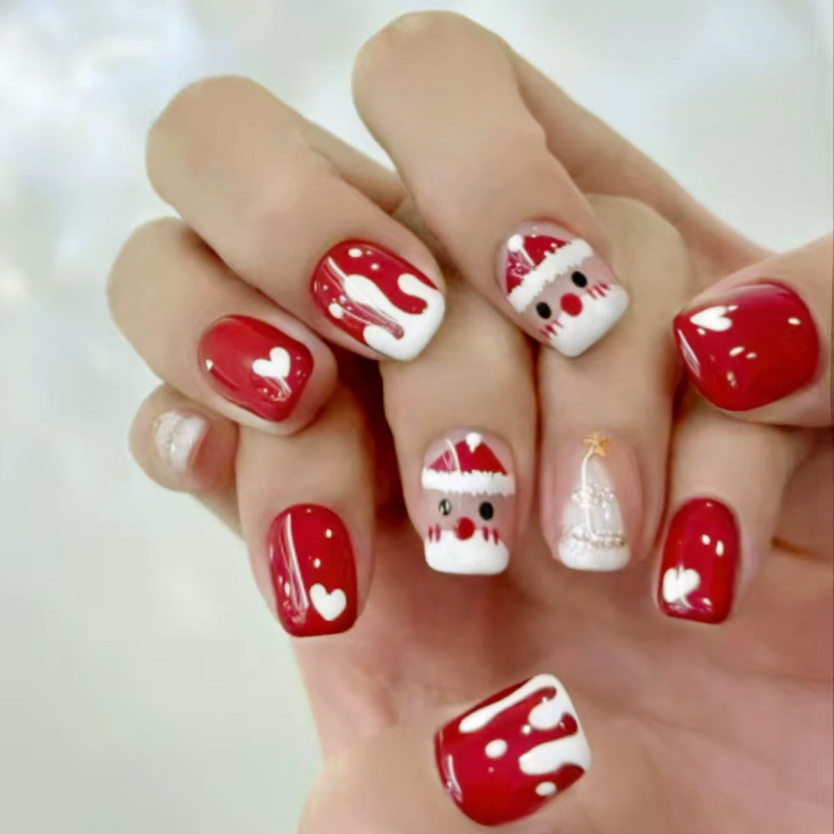Festive Charm Short Square Red and White Nail Set with Santa and Heart Designs