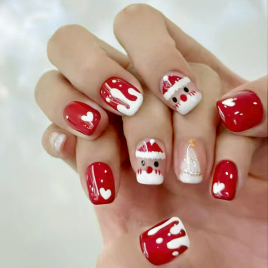 Festive Charm Short Square Red and White Nail Set with Santa and Heart Designs